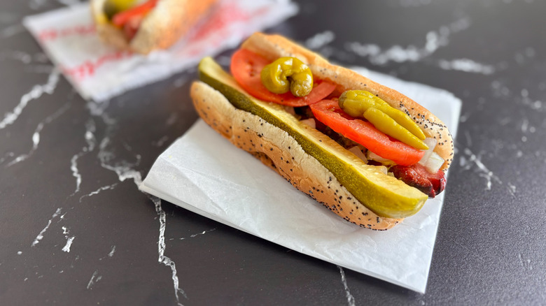 Chicago-style hot dog on countertop