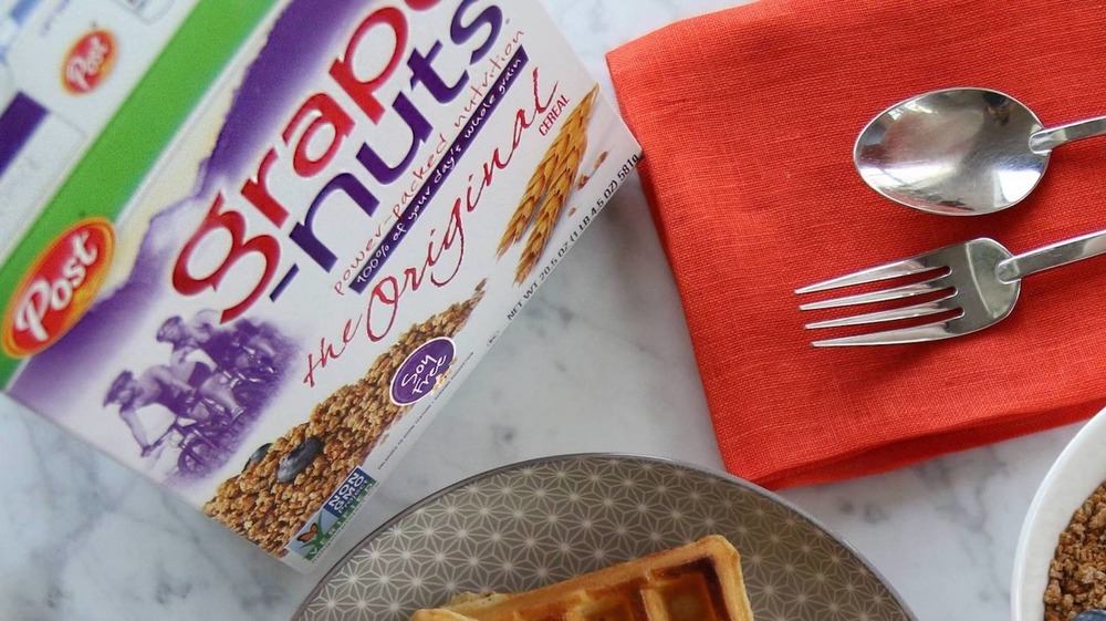 Grape-Nuts cereal box and breakfast