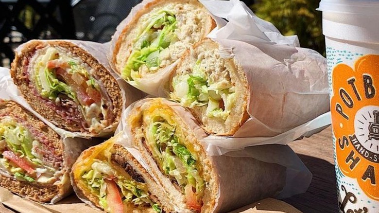assorted Potbelly sandwiches with drink