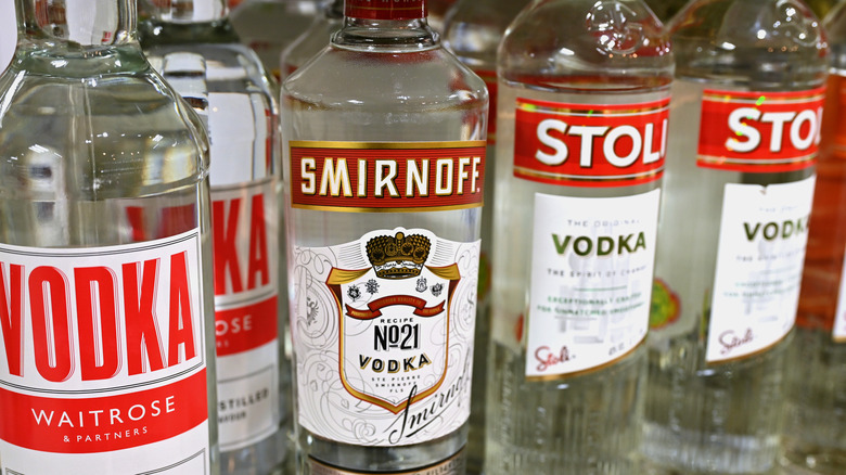 Close-up of bottles of vodka on shelf