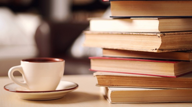 coffee cup and book stack