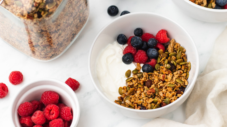 Granola, berries and yogurt in a bowl