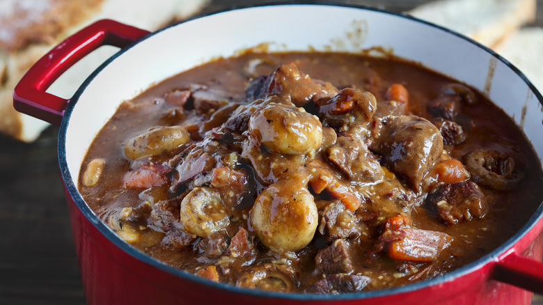 Roast chicken and mushrooms in a Dutch oven