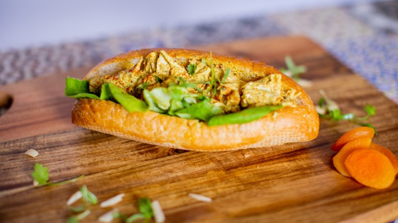 Coronation chicken salad on baguette