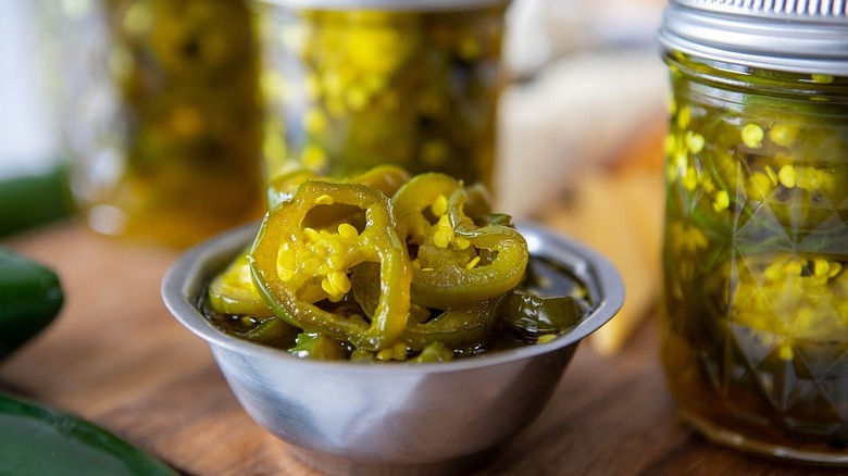 Jalapeno slices sitting in a bowl