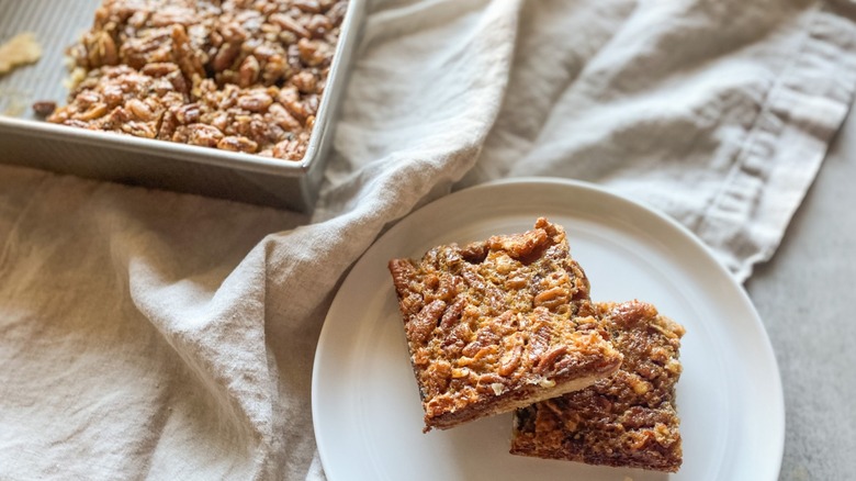 pecan pie bars dessert sliced