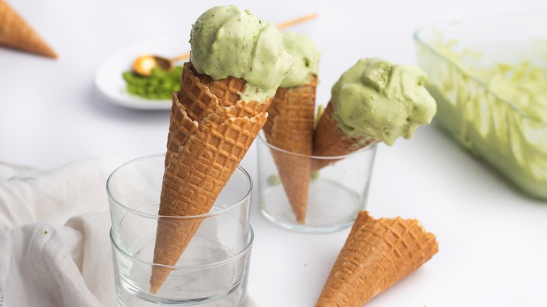 Quick Matcha ice cream served in cones