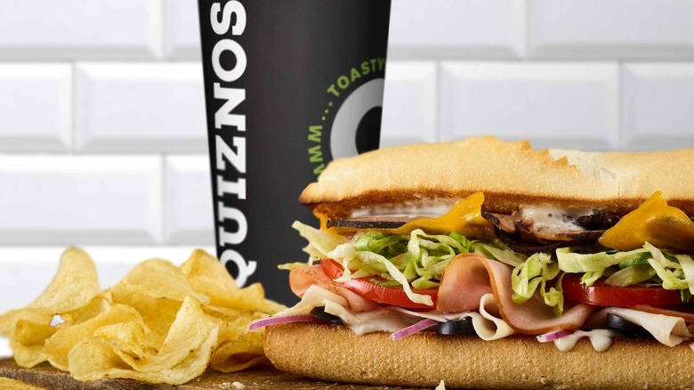 A sandwich, chips and a drink from Quiznos.