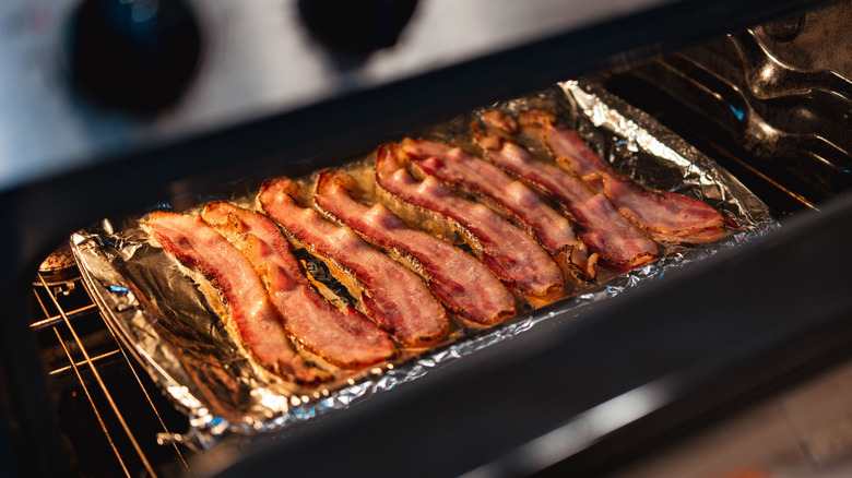 Bacon on a pan in the oven