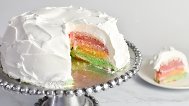 rainbow sherbet cake sliced open
