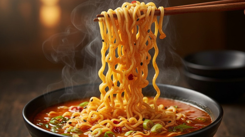 Wooden chopsticks raising ramen noodles from a steamy black bowl on a warm, brown background.