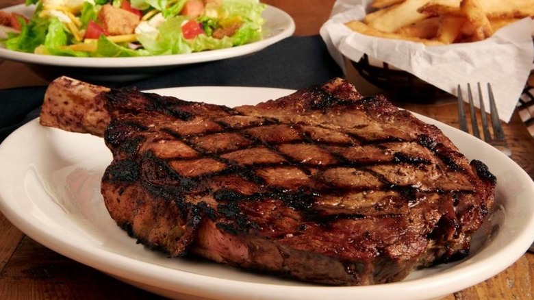 Texas Roadhouse ribeye on a plate on a table with fries and a salad