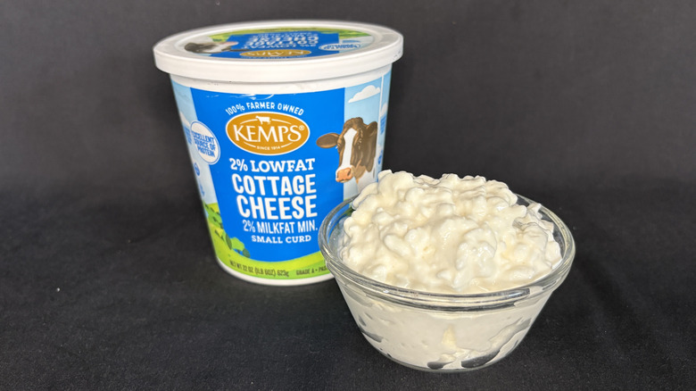 glass dish of cottage cheese with packaging to the left