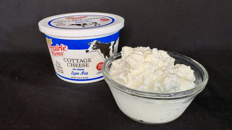 glass dish of cottage cheese with packaging to the left