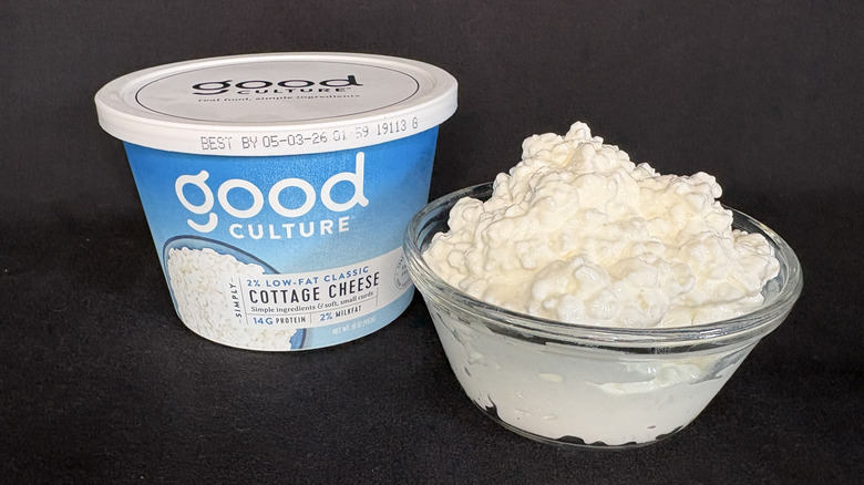 glass dish of cottage cheese with packaging to the left
