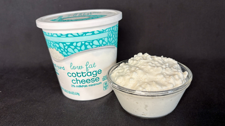 glass dish of cottage cheese with packaging to the left