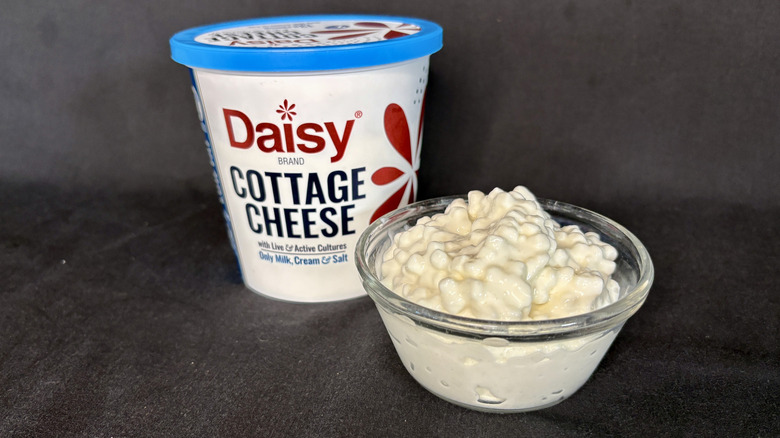 glass dish of cottage cheese with packaging to the left