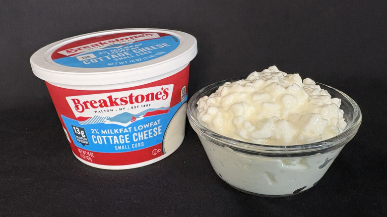glass dish of cottage cheese with packaging to the left