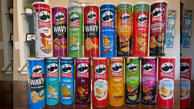 Pringles cans stacked on table