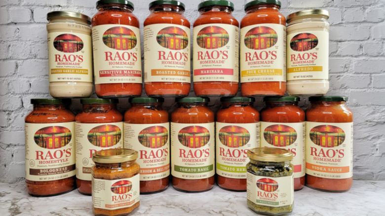 Stack of various Rao's pasta sauces