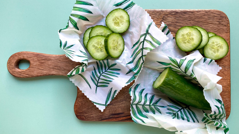 Sliced cucumbers on beeswax wrap