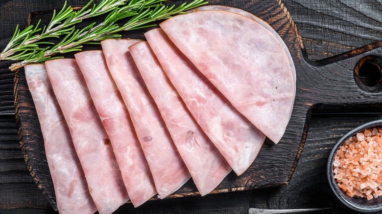 Slices of ham on cutting board