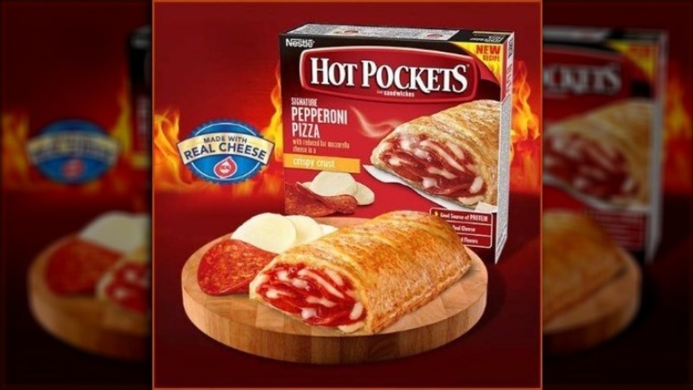 Pepperoni Hot Pockets on a wood platter