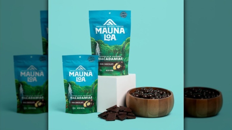 Bag of Mauna Loa chocolate covered macadamias with bowl
