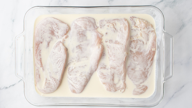 Chicken marinating in buttermilk