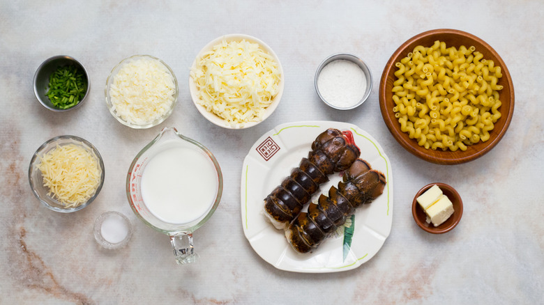 Lobster macaroni and cheese ingredients on table