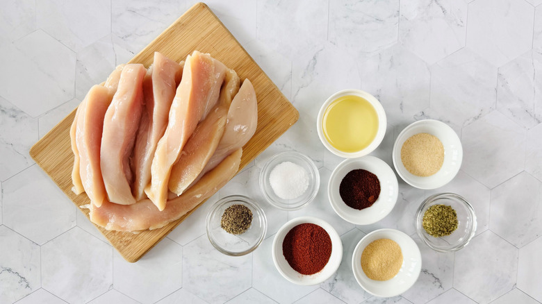 raw chicken, oil, and seasonings