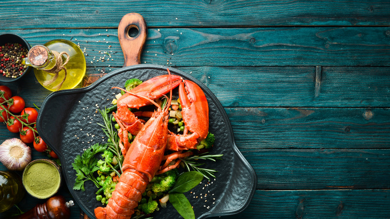 Lobster on plate blue background