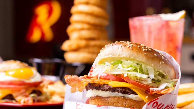 Red Robin burger and onion rings