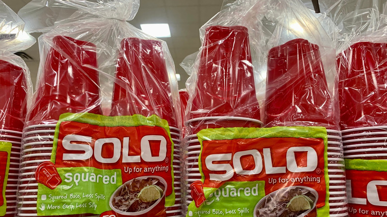 Packaged Red Solo Cups on a store shelf