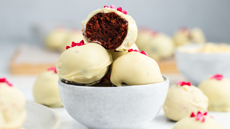 Bowl of candy-coated cake balls