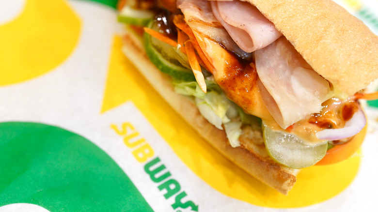 up-close shot of subway sandwich on a subway wrapper