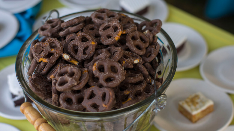 Chocolate covered pretzels in bowl