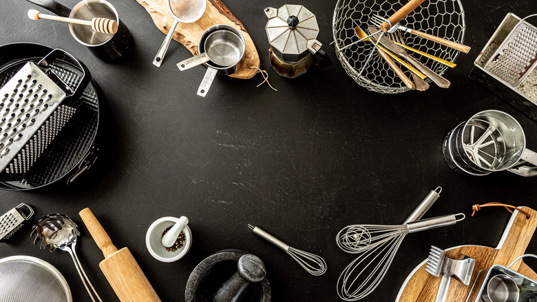 flat lay of kitchen utensils on a countertop