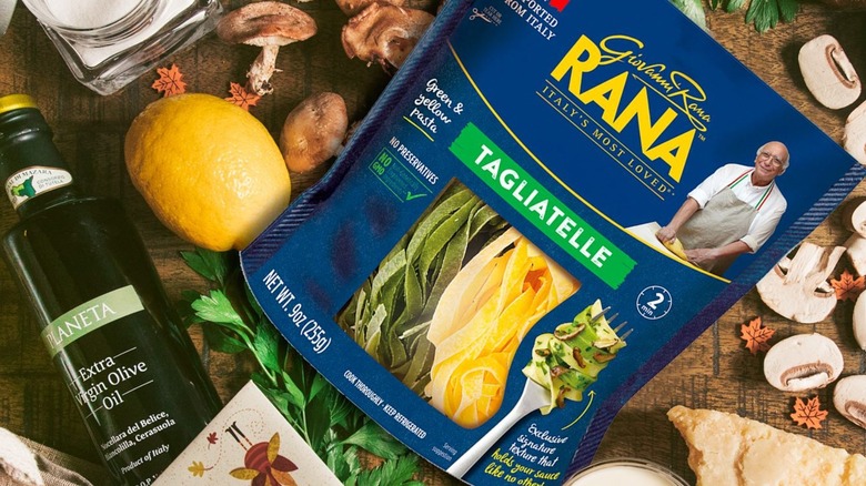 Giovanni Rana pasta next to produce and olive oil