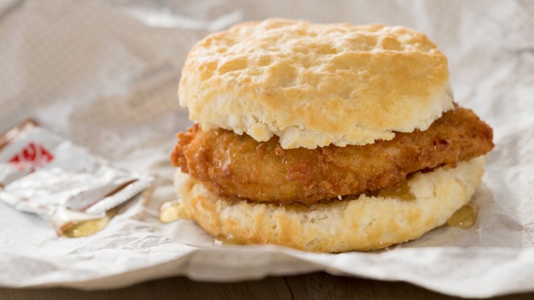  Chick-fil-A chicken biscuit on wrapper