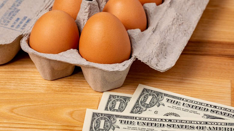 Eggs in carton next to dollar bills