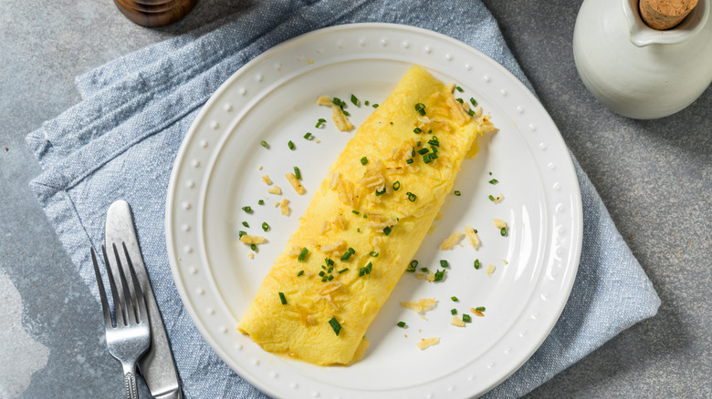 Omelet on a plate with fork.