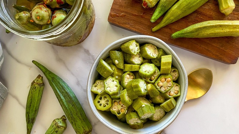 pickled okra slices in bowl