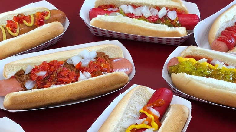 Stewart's Shops hot dogs in paper boats on red tabletop