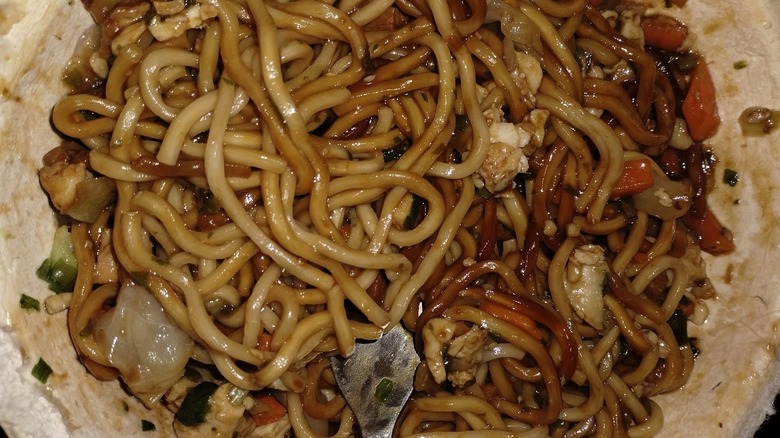 PF Changs Chicken Lo Mein in a white bowl