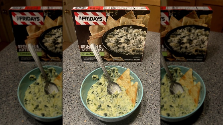 Package and blue bowl of prepared TGI Friday's Spinach & Artichoke Cheese Dip