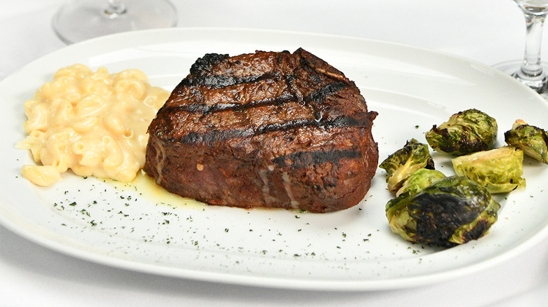 Bone-in filet with mac and cheese and Brussels sprouts