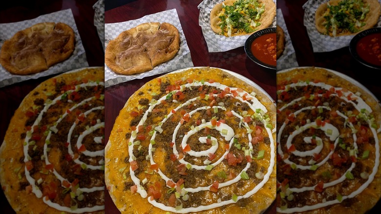 loaded cheese crisp, beef taco, posole, sweet fry bread