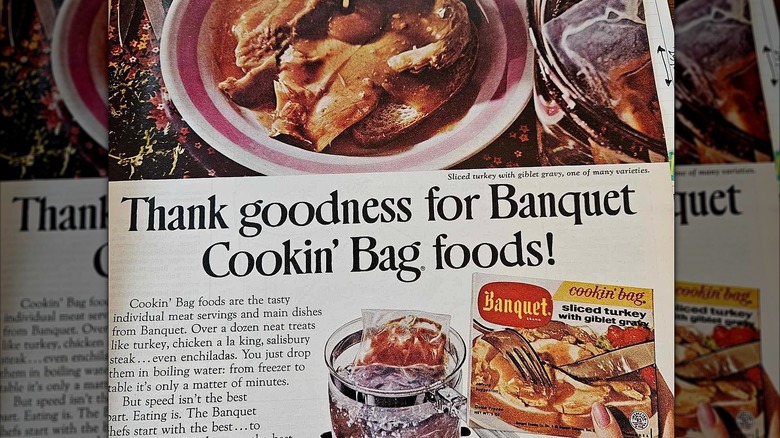 Vintage TV dinner advertisement that reads "Thank goodness for Banquet Cookin' Bag foods!"