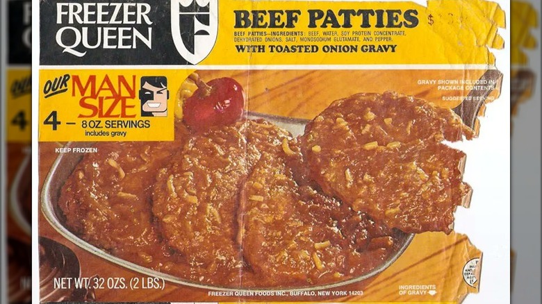 Torn box cover for Freezer Queen Beef Patties TV dinner.